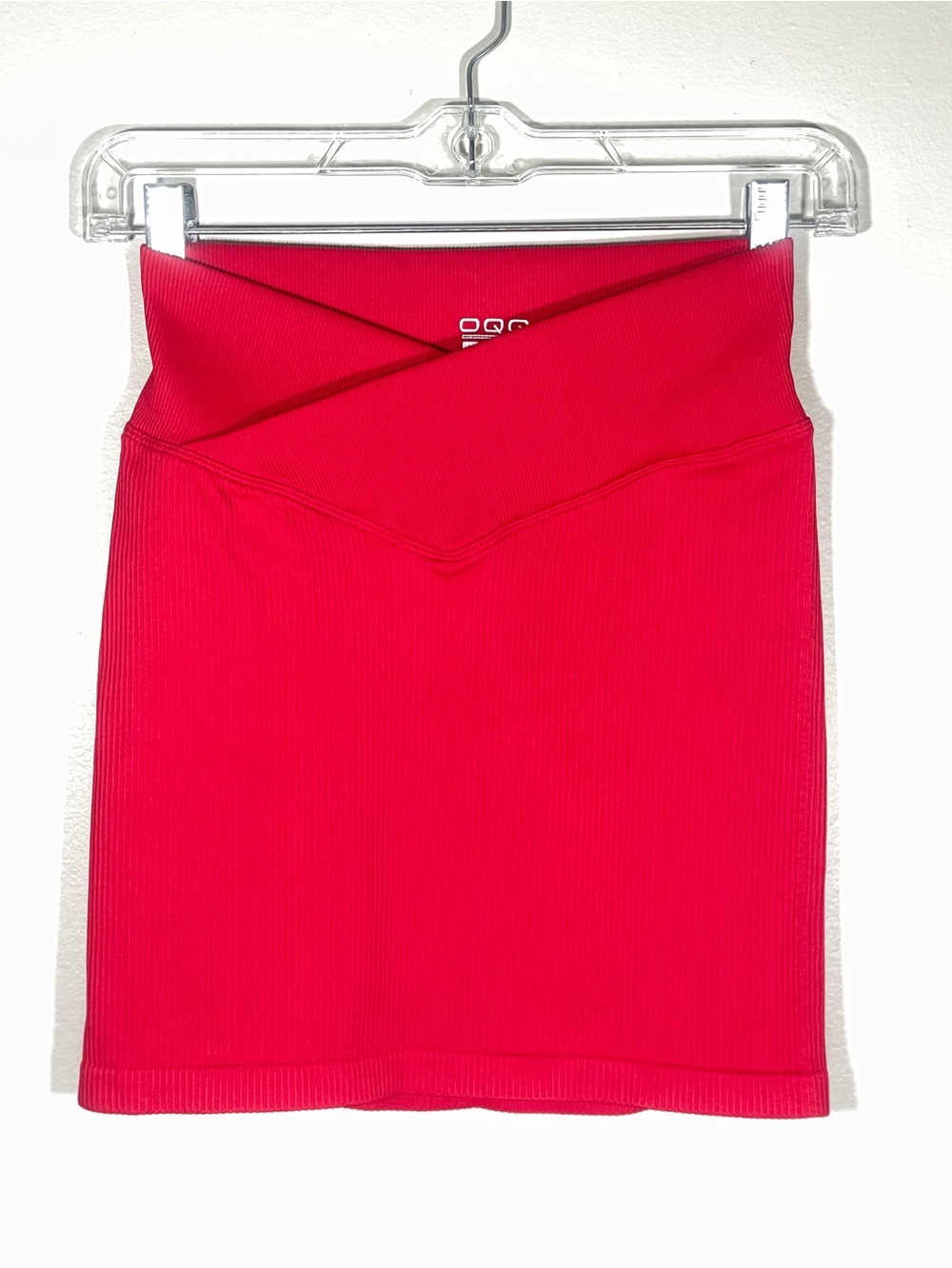 OQQ Red Ribbed Crossover Waist Bodycon Mini Skirt